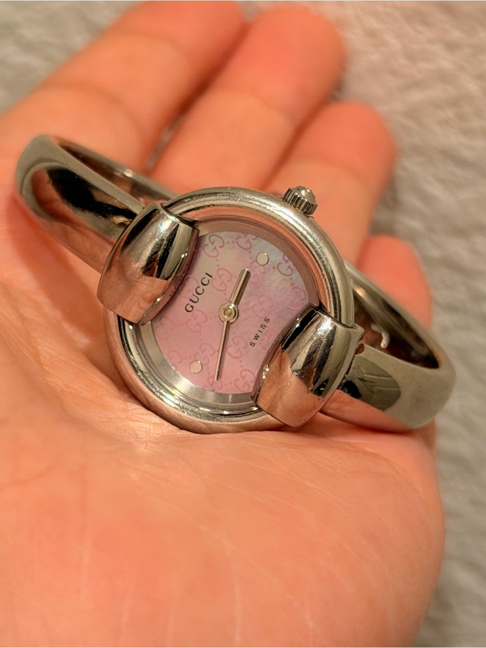 Gucci Silver Bangle Watch with Pink Logo Dial